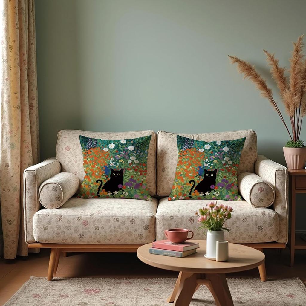 Boho Abstract Floral Black Cat Pillow Covers 18x18, Black Cat Gifts for Women, Cats Mom Lady Grandma Gifts, Whimsical Wildflower Kitten Decorative