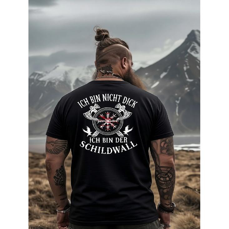 Рубашка для полных 'Я Стена Щитов' с принтом Шлема Ужаса - Нордическая Vikingская Одежда для Тематических Мероприятий, Исторических Реконструкций - Можно стирать в машине