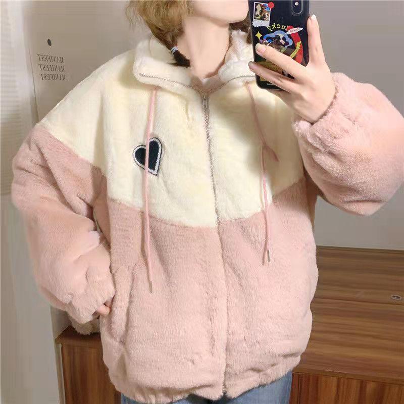 Зимние женские толстовки с капюшоном из бархата в стиле пэчворк на молнии с длинными рукавами из овечьей шерсти, флисовые пальто большого размера, повседневная корейская теплая белая толстовка