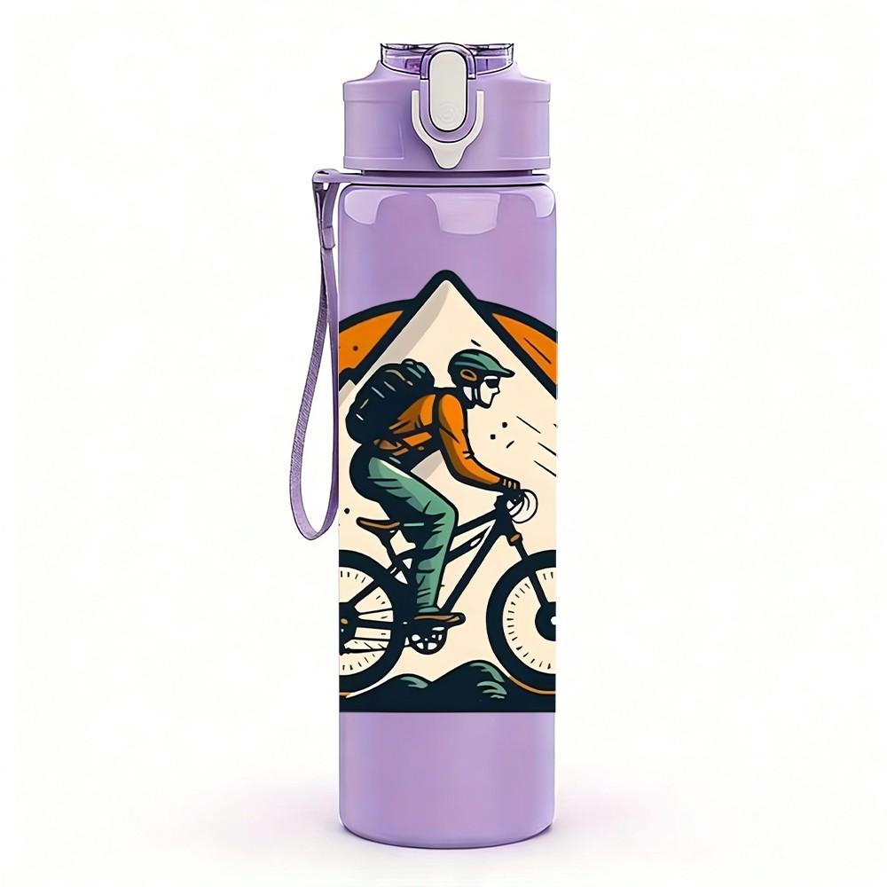 1PC Mountain Biker Hiking Outdoor Print 750ml Color Plastic Sports Water Bottle Leakproof Flip Straw Lid Suitable for Sports Office Home Use
