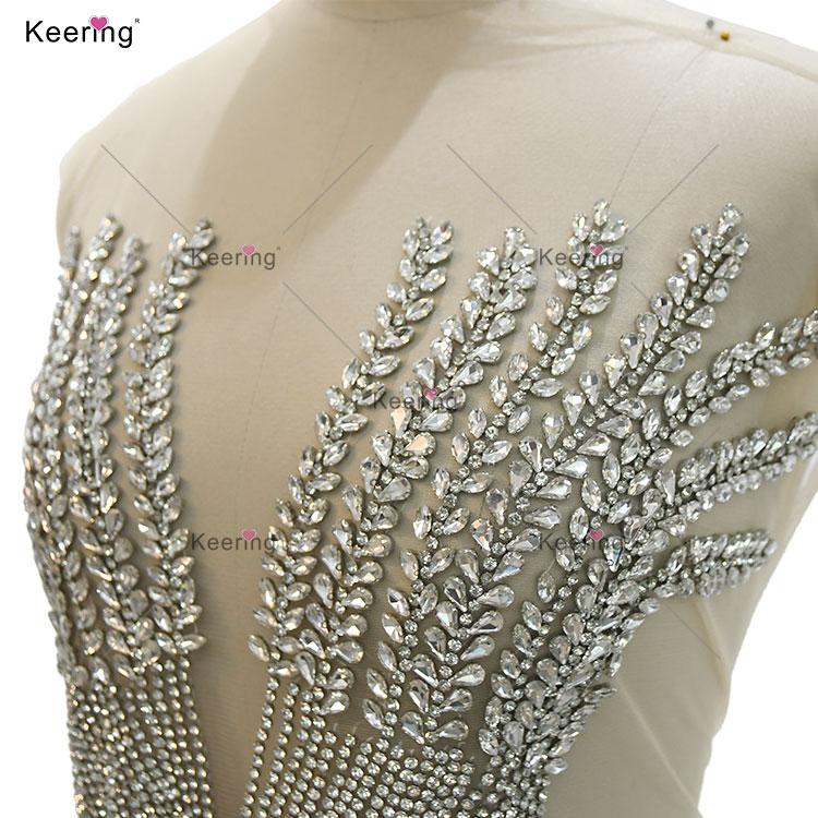 WDP-495 J Hot Selling V-neck Handmade Crystal Rhinestone Applique Woven Patches for Dress Wedding Decorations