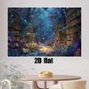 2D plane, 1 piece of magic library background banner - charming forest library scene with bookshelves and glowing books