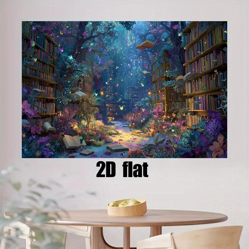 2D plane, 1 piece of magic library background banner - charming forest library scene with bookshelves and glowing books