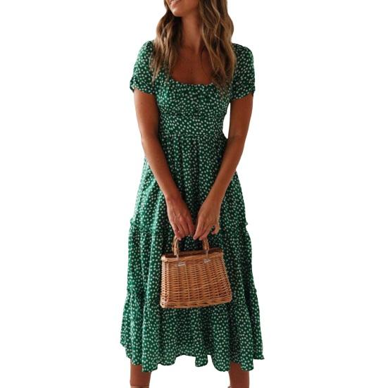 Women Dress Small Flower Print Patchwork A-line Flowy Hem Square Neck Short Bubble Sleeves Pleated Shirring Dating Vacation Midi Dress