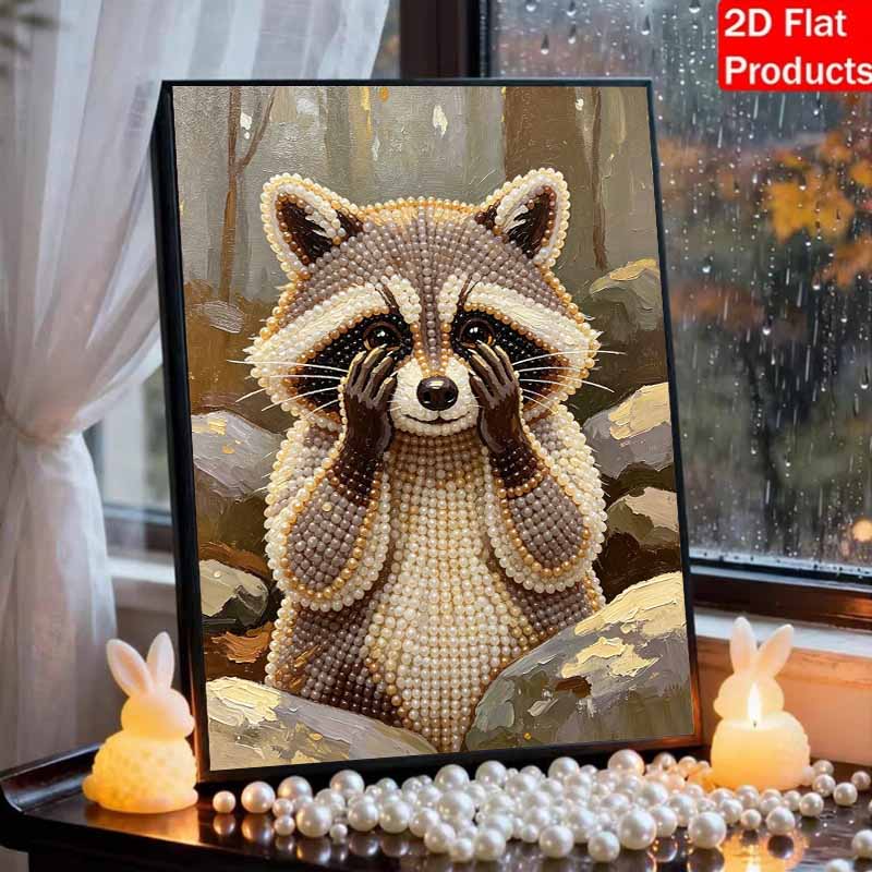 Sparkling Pearl Painting on Stretched Frame Cute Raccoon DIY Bead Art Canvas Relaxing Hobby Gift for Craft Lovers Home Wall Decor Idea