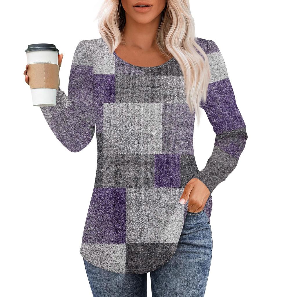 Рубашки с длинным рукавом для женщин, топы, нарядные повседневные блузки, плиссированные топы-туники с круглым вырезом