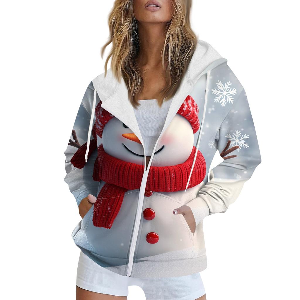 Женская рождественская печатная толстовка осень-зима с длинным рукавом кардиган куртка с карманами на молнии толстовка с капюшоном верхняя одежда