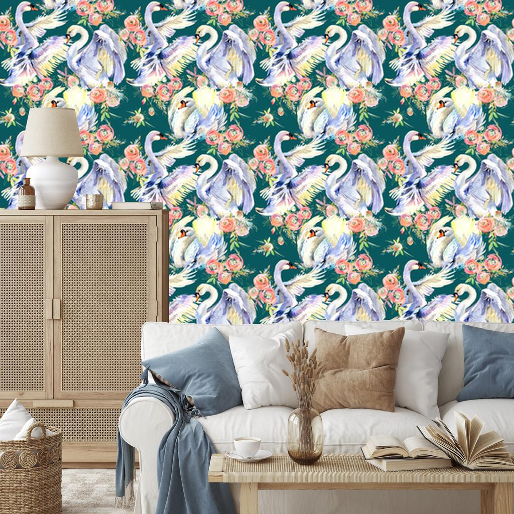 Swans and Flowers Wallpaper for Living Room and Bedroom 50x1000