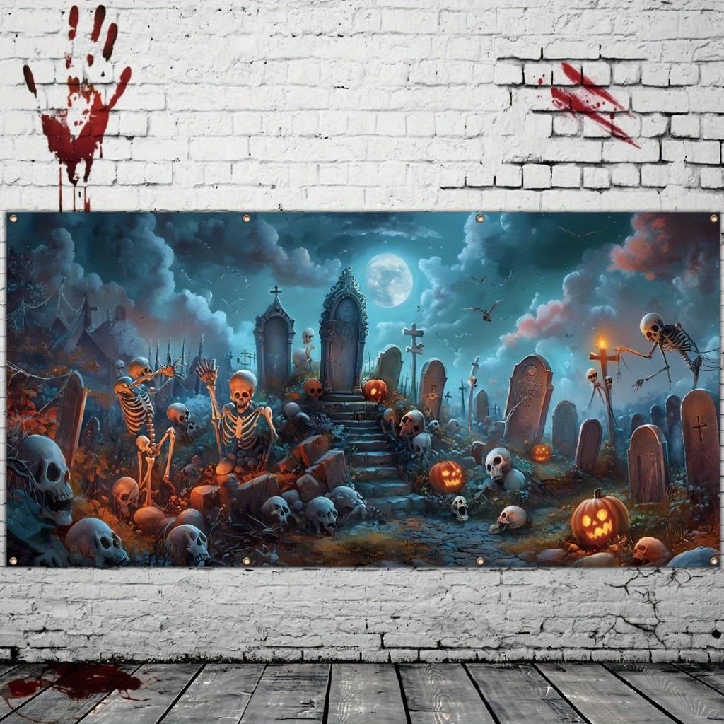 A Halloween garage polyester banner a creepy cemetery with skulls and tombstones and an outdoor party backdrop