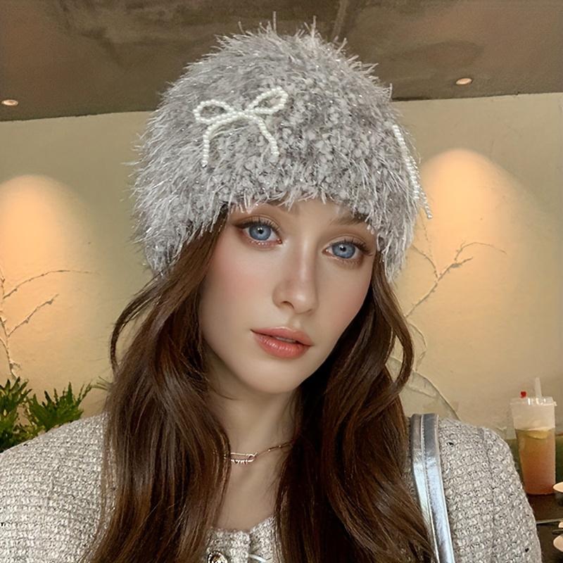 Осень и зима, новая шапка с рукавами, женская плюшевая жемчужная вязаная шапка с бантом, мягкая липкая вязаная шапка