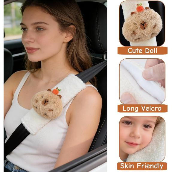 2 PCS Seat Belt Cover Pad, Cute Kawaii Animal Capybara Seatbelt Covers for Kids, Soft Seatbelt Cushion, Car Seat Strap Pads (White(A))