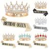 Rhinestones Birthday Party Kit Gold Tiara Crown Birthday Queen Sash For Women Happy Birthday Hair Accessories Prom Gifts Decorations