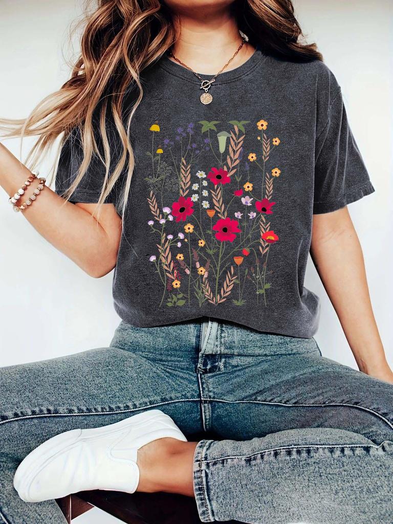 Floral Print Round Neck Short Sleeve Women's Summer T-Shirt