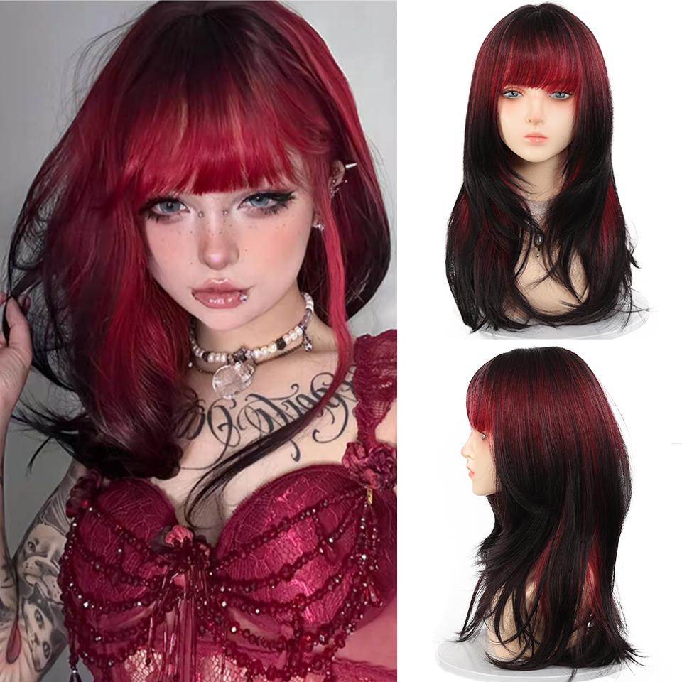Red Gradient Black Straight Hair Synthetic Wig Female Daily Sweet and Cool Style Layered Gradient Long Wig