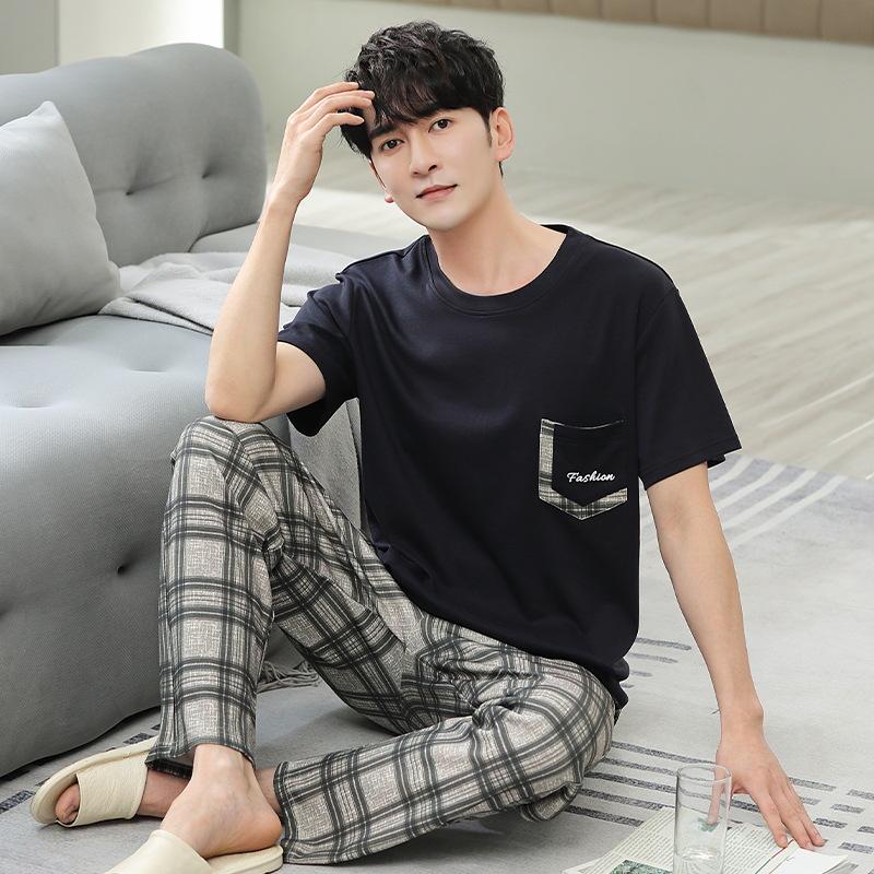 Men's Summer 2023 Cotton Pajama Set - Short-Sleeve Top & Trousers, Loose Fit, Large Sizes