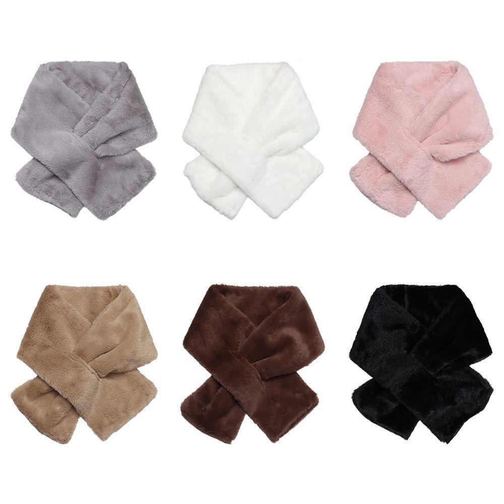 Women Shawl Faux Rabbit Fur Plush Neck Warmer Neckerchief Wrap Cross Scarf Solid Color