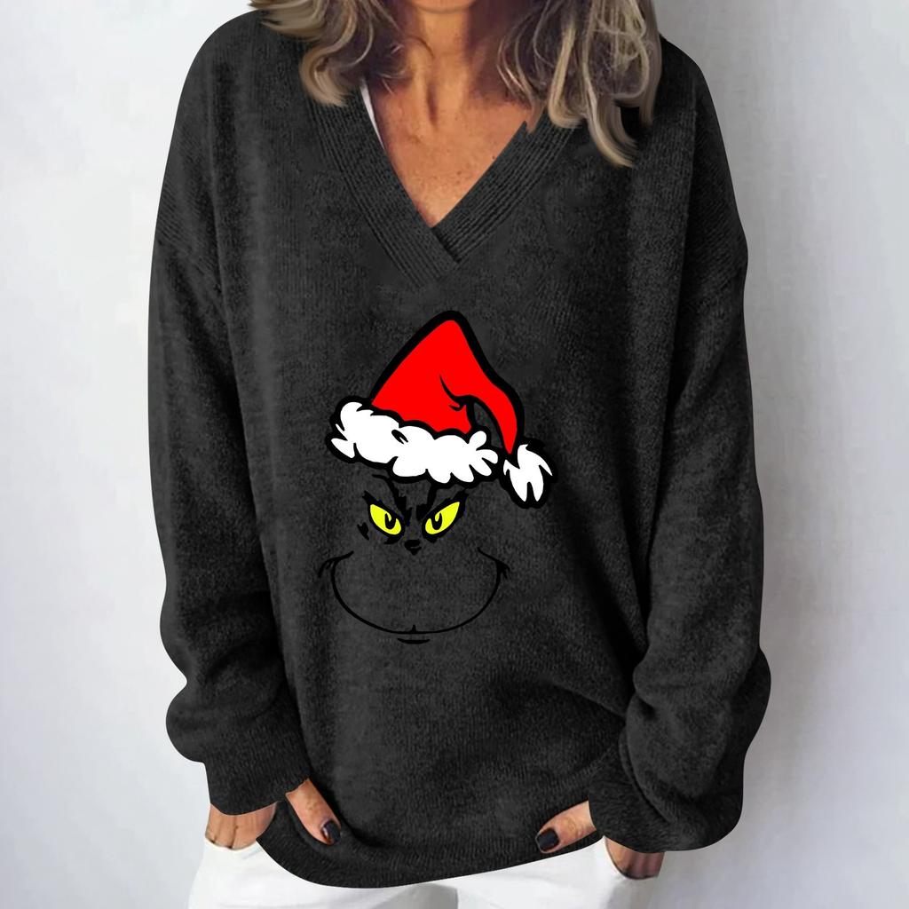 Женская мода повседневная рождественская принтованная трикотажная кофта с V-образным вырезом и длинными рукавами, модный милый свитшот