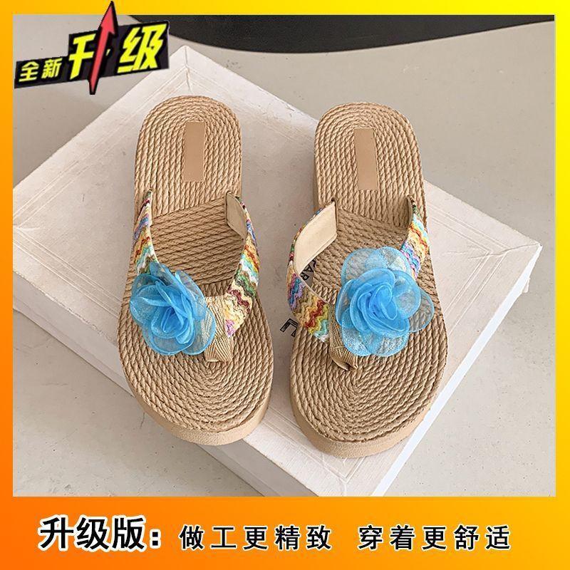 Нишевый дизайн, фееричный стиль, летние шлепанцы для отпуска 2025, новая модная модель, с цветами, на толстой подошве, на танкетке, шлепанцы для девочки