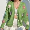 Женский осенне-зимний милый вязаный кардиган с длинным рукавом на пуговицах, свободный теплый свитер с цветочным принтом, открытое пальто спереди