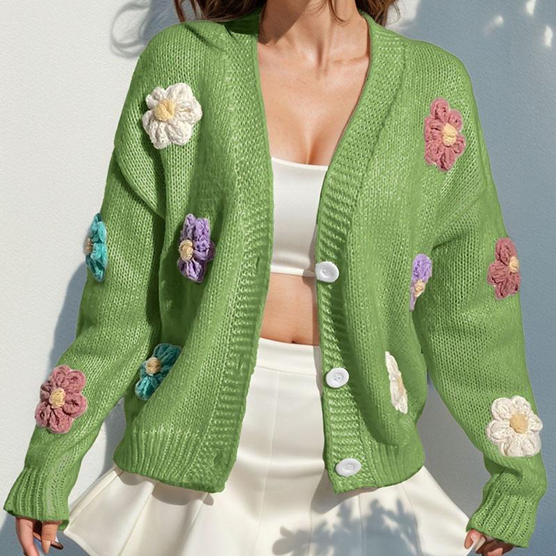 Женский осенне-зимний милый вязаный кардиган с длинным рукавом на пуговицах, свободный теплый свитер с цветочным принтом, открытое пальто спереди