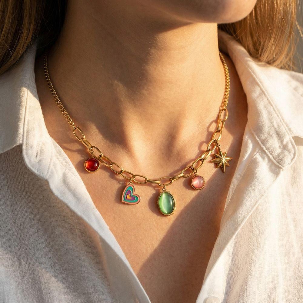 18 K Gold Plated Pendant Necklace Stainless Steel Choker Necklaces Charm Chain  Women's Jewelry