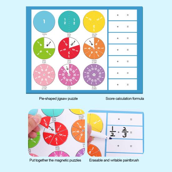 Magnetic Fraction Tiles Circles Book with Pen Percentage Decimal Fraction Learning Elementary Students Teaching Aid Educational Fraction Puzzle