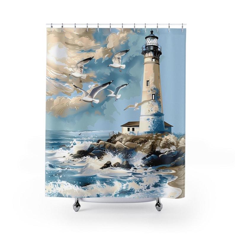 Lighthouse Shower Curtain, Nautical Shower Curtain, Lighthouse on the Beach Shower Curtain for Bathtub