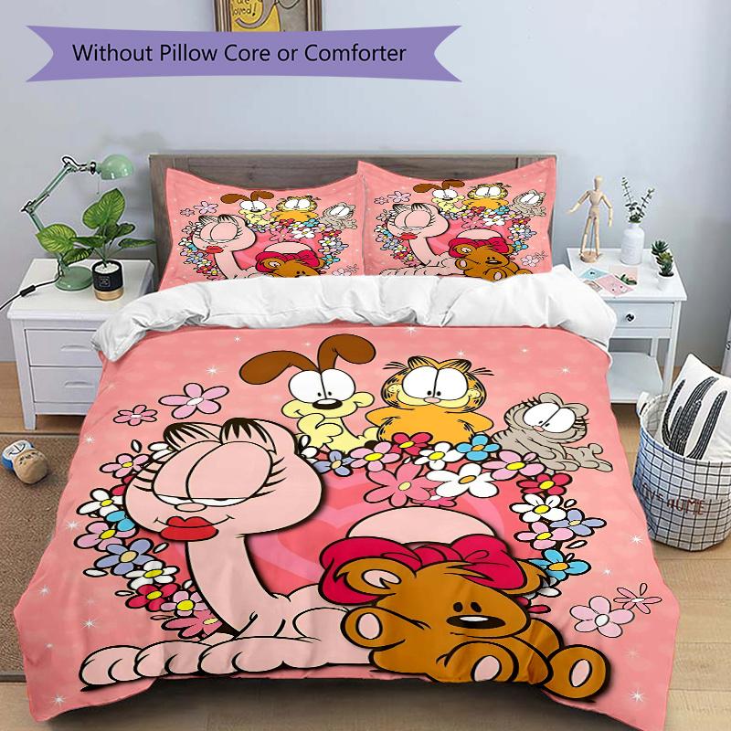 3pcs Garfield and Friends Quilt Set Cartoon Themed Bed Quilt Set Lovely Character Bedroom Decor Bed Quilt Set Four Seasons (1 Cover + 2Pillowcase