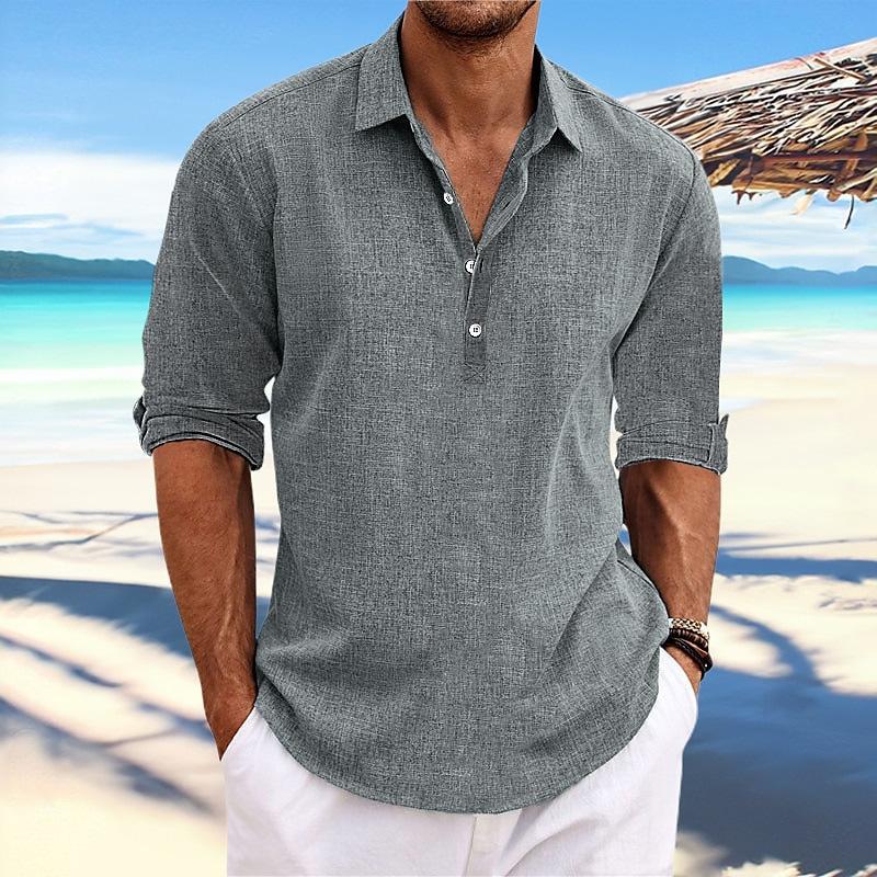 Мужская повседневная рубашка-henley из смешанного льна с длинным рукавом, пляжный топ