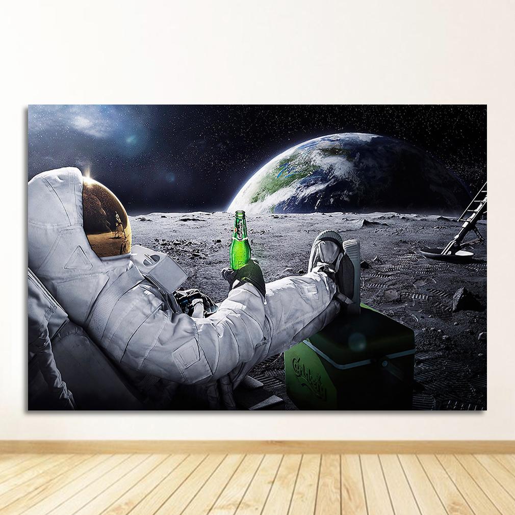 Astronaut Relaxing On Outer Space Moon Drinking Beer Wall Pictures HD Printed Posters for Living Room Funny Canvas Paintings