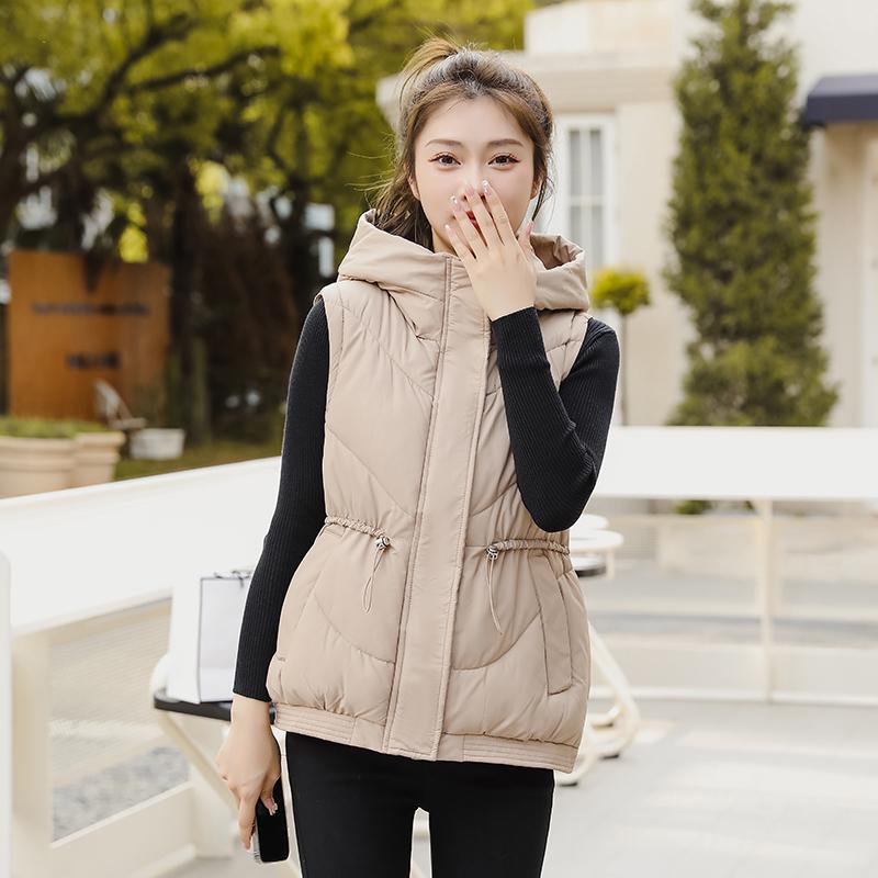 Women Autumn Winter Hooded Collar Sleeveless Solid Color Drawstring Warm Coat Vest