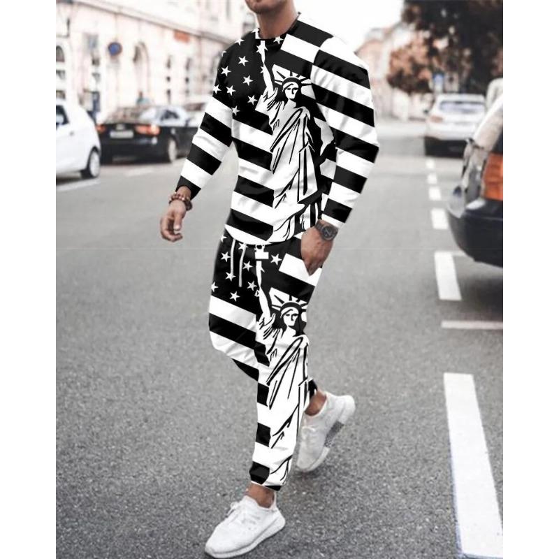 Men's New 2-piece Sports Shirt 3D Printing Long Sleeved Pants T-shirt Set Fashion Casual Street Wear Men's 2-piece Set