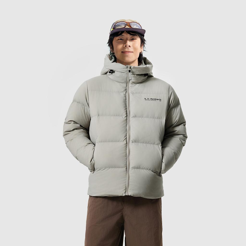 Li Ning Fitness Series Letter Zipper Hooded Short Sleeve Down Jacket Men Jackets Stone-Grey AYMU701-2