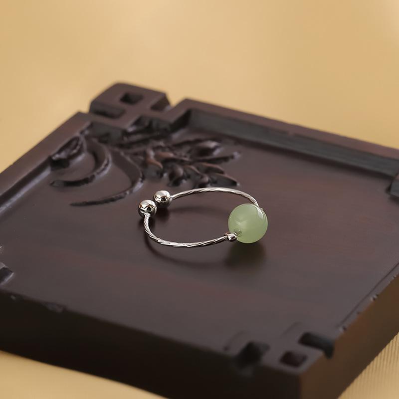 Hetian Jade Ring Temperament Guochao Passepartout Ring Simple, Fresh And Elegant Small Family Jasper Round Bead Open Ring