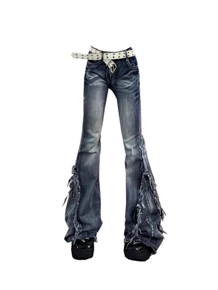 American Retro Y2K Flare Jeans Scratched Slim Bell Bottoms Women Fashion Gyaru Denim Pant  Raw Edge Trousers Hip Hop High Street