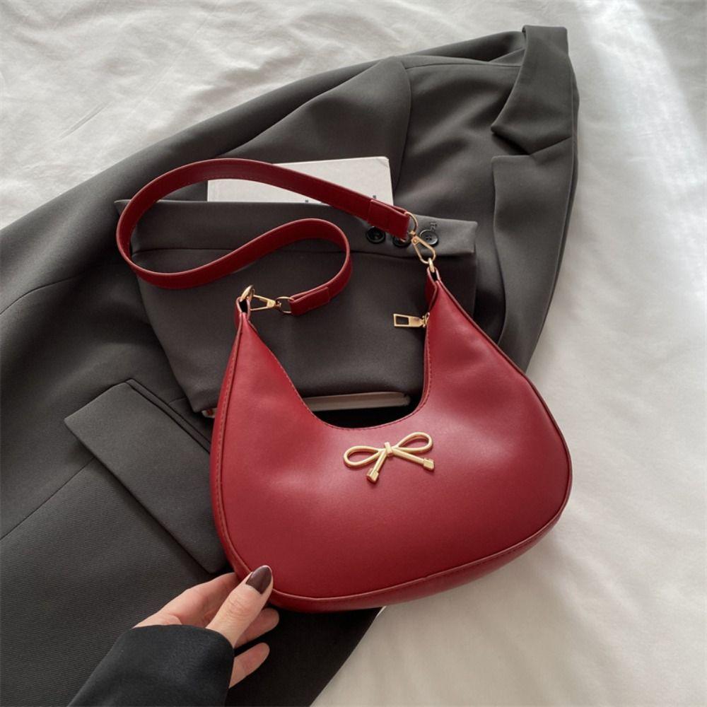 PU Leather Bow Shoulder Bag Handbag Crossbody Bag Portable Crescent Bag Girls