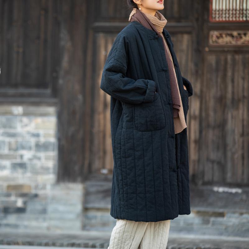 Women Vintage Linen Stand Parkas Solid Color Long Sleeve Warm Coats Button Patchwork Pockets Winter Parkas