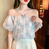 Милая рубашка с открытыми плечами, женские свободные топы, элегантная летняя блузка с короткими рукавами и цветочным принтом, женская новая повседневная одежда 27415