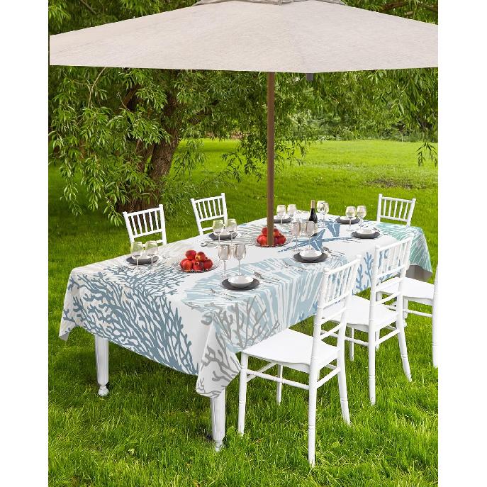 Abstract Marine Coral Outdoor Rectangle Tablecloth Zippered Table Cover with Umbrella Hole,Sea Ocean Starfish Texture Waterproof Table Cloths for