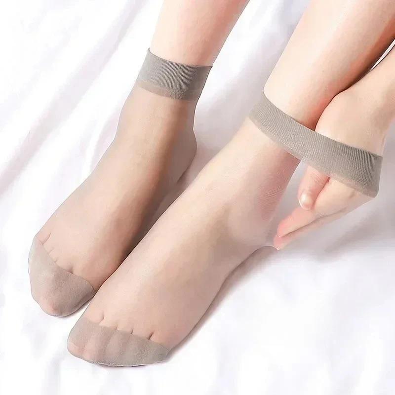 5Pairs/lot Black Skin Color Transparent Thin Women Crystal Silk Socks Nylon Fashion Ladies Female Summer Short Ankle Silk Socks