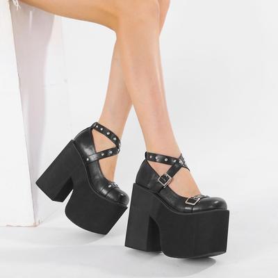 Панк Стиль Черные Туфли на Высоком Каблуке с Пряжкой-Заклепкой для Женщин Модные Готические Водонепроницаемые Туфли на Платформе Ремешок с Пряжкой Массивный Каблук Женская Обувь