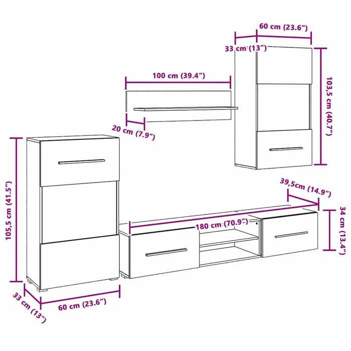 VidaXL Meubles TV avec lumière LED 5 pcs gris pierre bois d'ingénierie, meuble TV, meuble de rangement multimédia, meuble de 3324233