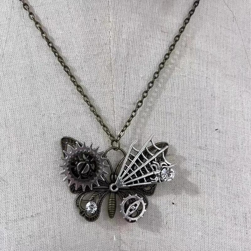 Niche Design Gothic Mechanical Gear Butterfly Pendant Necklace Steampunk Old Neck Chain Accessories