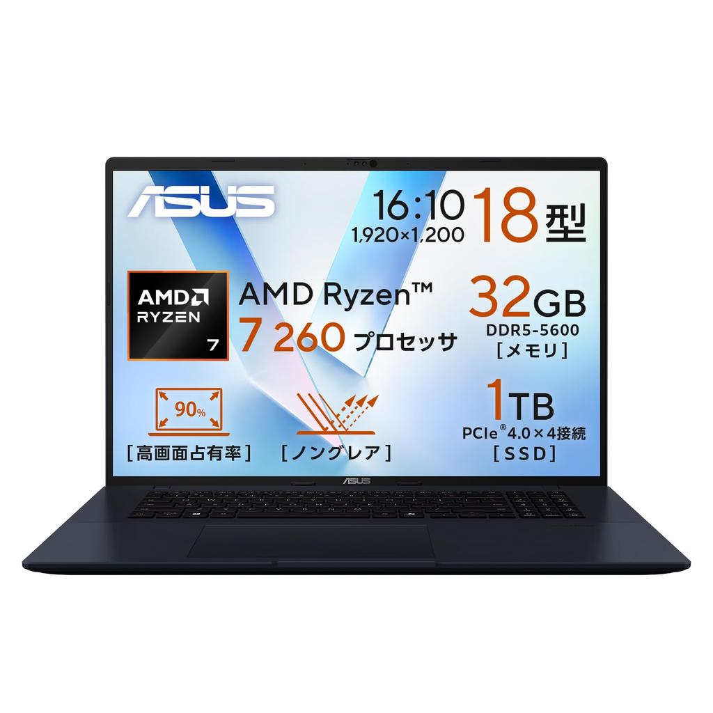 Asus Vivobook 18 M1807HA AMD Ryzen 7 260 32 ГБ 1 ТБ Windows Power Включает PC Game Pass Тихий ноутбук, 18-дюймовый, Процессор, Память, SSD, 11, Вес 2,6 кг,