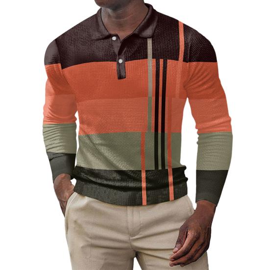 Мужской весенне-осенний топ с цветными блоками и пуговицами с отложным воротником и длинным рукавом, мягкая дышащая повседневная мужская рубашка средней длины в деловом стиле