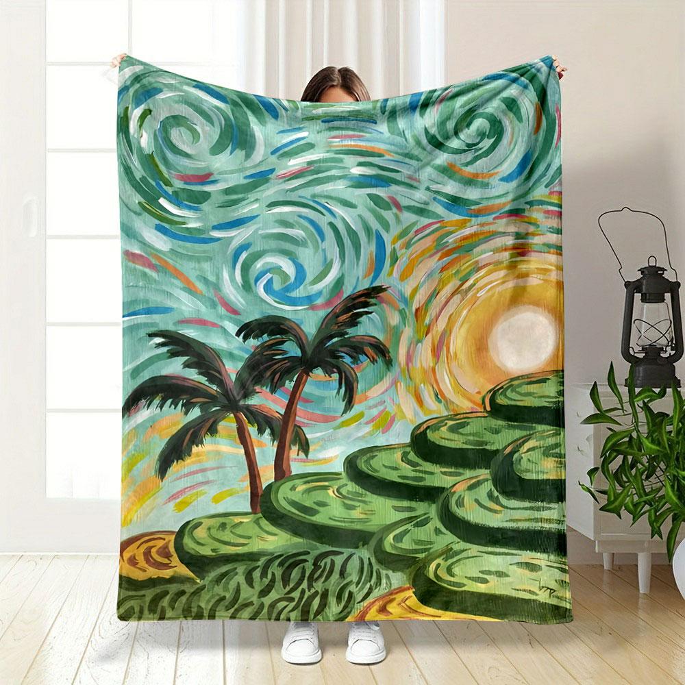 Swirling brushstrokes with palm trees, sun, and tiered green hills. for all seasons blanket lunch break throw gift