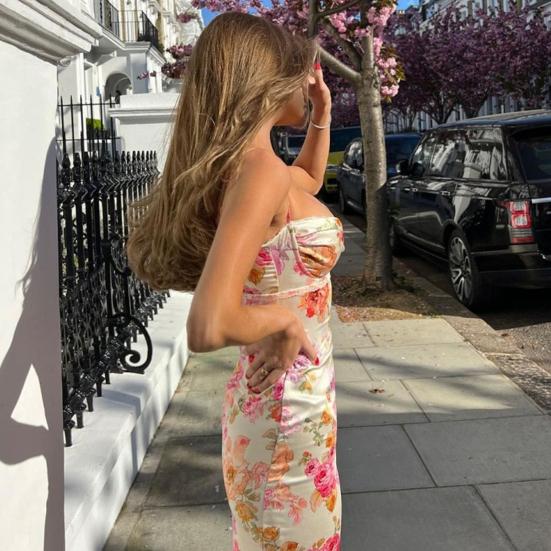 Women Sexy Sling Dress Suspender Style Sleeveless Long Dress Flower Print Backless Hip Wrapped Party Dress