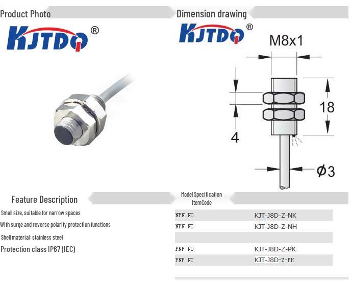 KJTDQ M8*18 Ultra-short PNP Proximity Sensor, DC, Three-wire, Normally Open Switch