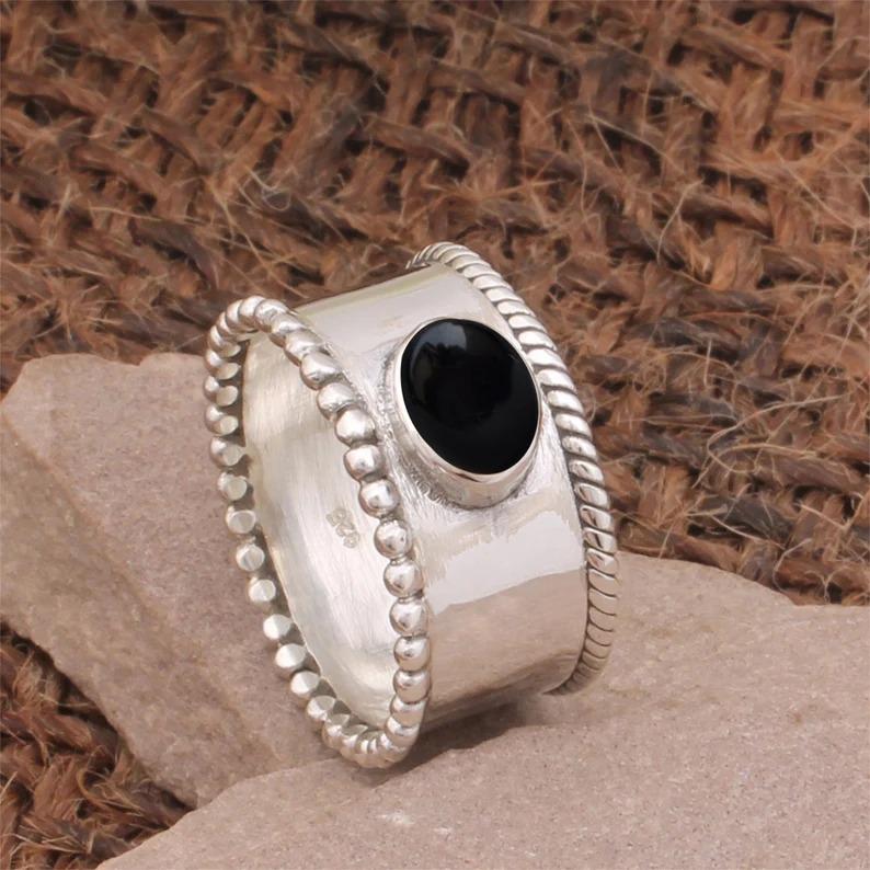 Кольцо с черным ониксом, кольцо-спиннер, ювелирные изделия ручной работы, кольцо на продажу, подарок на помолвку, ювелирные изделия из серебра 925 пробы