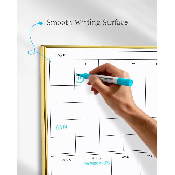 4-in-1 Dry Erase Calendar for Wall with Golden Aluminum Frame, 17x13 inches Magnetic Monthly & Weekly Planner Whiteboard, Cork Board Combo, Hanging